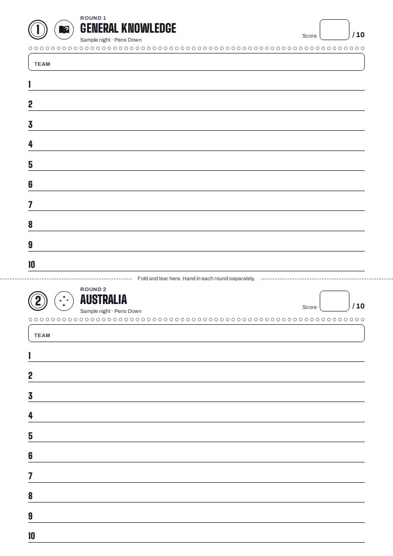 Team answer sheet, two rounds on one A4